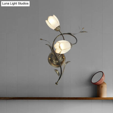 Vintage Flower Wall Sconce Lighting - Bronze Frosted Glass Light Fixture For Living Room Right/Left