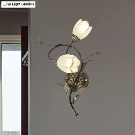 Vintage Flower Wall Sconce Lighting - Bronze Frosted Glass Light Fixture For Living Room Right/Left