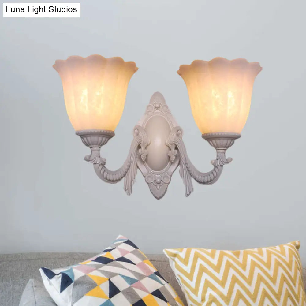 Vintage Flower White Glass Sconce Light With Curved Arm - Wall Mounted Lighting For Living Room
