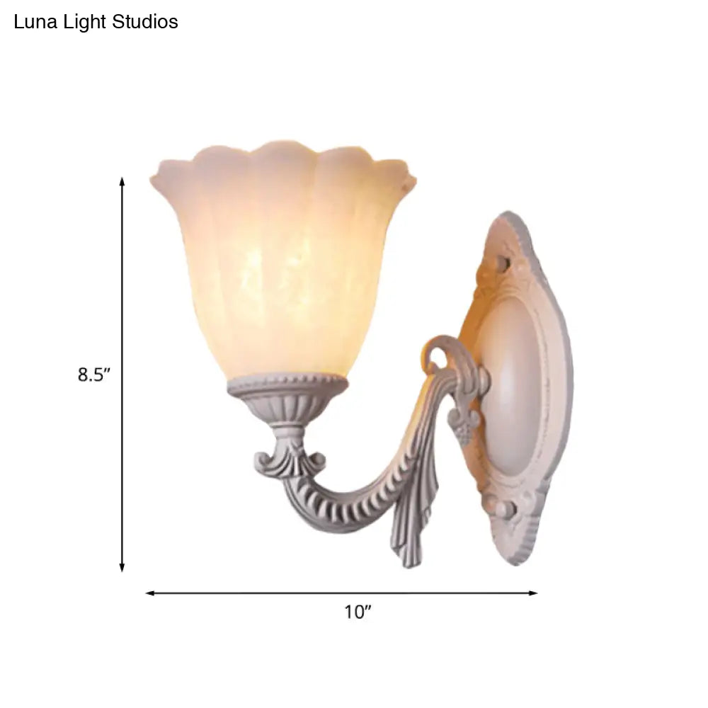 Vintage Flower White Glass Sconce Light With Curved Arm - Wall Mounted Lighting For Living Room