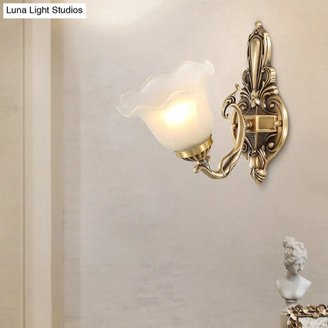 Vintage Frosted Glass Bedside Wall Lamp With Antique Brass Sconce Light