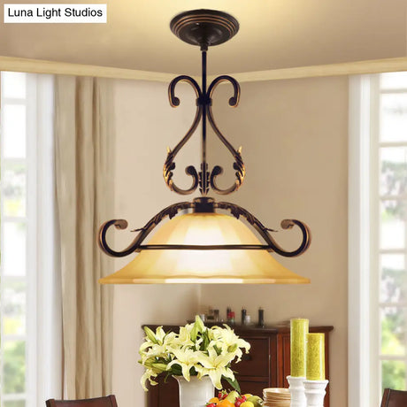 Vintage Frosted Glass Pendant Light With Flared Design And Black-Gold Arm For Dining Room