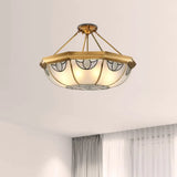 Vintage Frosted Glass Semi Mount Lighting With 4 Gold Lights - 16’/18’ Wide / 16’