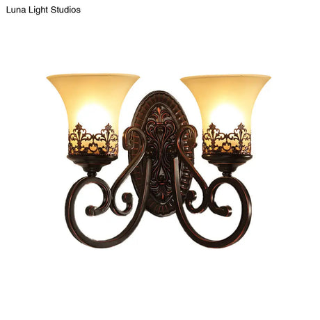 Vintage Frosted Glass Wall Sconce In Red Brown With Carved Backplate - Bedroom 1/2-Bulb Light