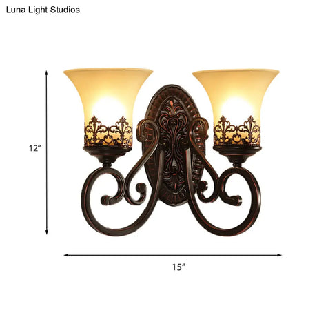 Vintage Frosted Glass Wall Sconce In Red Brown With Carved Backplate - Bedroom 1/2-Bulb Light
