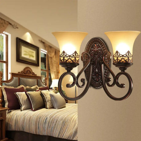 Vintage Frosted Glass Wall Sconce In Red Brown With Carved Backplate - Bedroom 1/2-Bulb Light