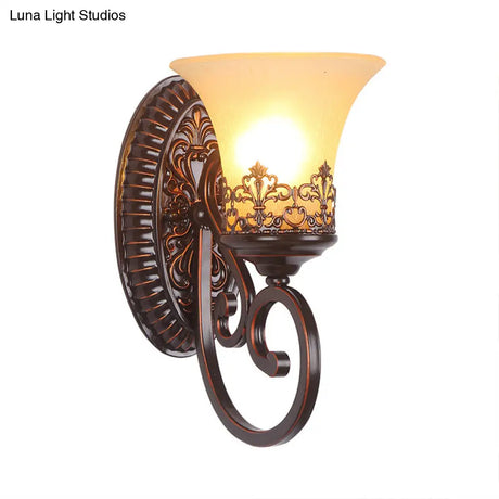 Vintage Frosted Glass Wall Sconce In Red Brown With Carved Backplate - Bedroom 1/2-Bulb Light