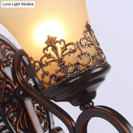 Vintage Frosted Glass Wall Sconce In Red Brown With Carved Backplate - Bedroom 1/2-Bulb Light