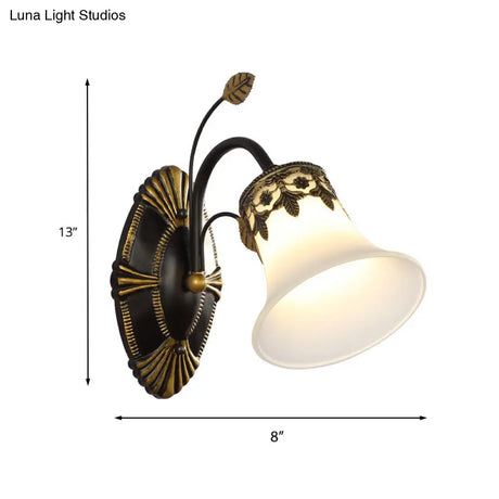 Vintage Frosted Glass Wall Sconce With Curved Arm - Black Bell 1/2-Light Fixture For Foyer