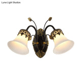 Vintage Frosted Glass Wall Sconce With Curved Arm - Black Bell 1/2-Light Fixture For Foyer