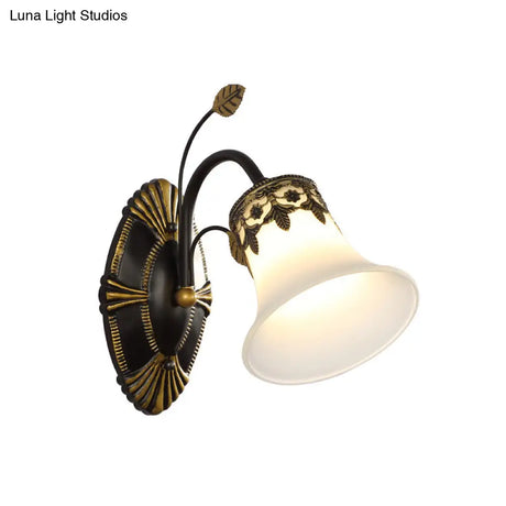 Vintage Frosted Glass Wall Sconce With Curved Arm - Black Bell 1/2-Light Fixture For Foyer