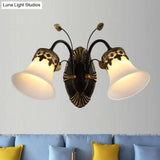 Vintage Frosted Glass Wall Sconce With Curved Arm - Black Bell 1/2-Light Fixture For Foyer