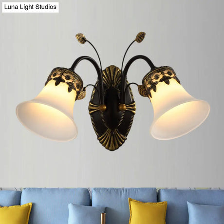 Vintage Frosted Glass Wall Sconce With Curved Arm - Black Bell 1/2-Light Fixture For Foyer