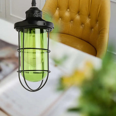 Vintage Glass Caged Pendant Light In Black - Single-Bulb Hanging Ceiling Fixture For Living Room