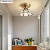 Vintage Glass Conical Foyer Ceiling Light With Scalloped Edge - Brass Flush Mount 1 Bulb