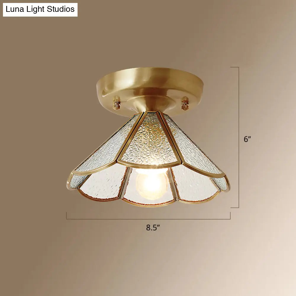 Vintage Glass Conical Foyer Ceiling Light With Scalloped Edge - Brass Flush Mount 1 Bulb