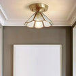 Vintage Glass Conical Foyer Ceiling Light With Scalloped Edge - Brass Flush Mount 1 Bulb Textured