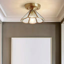 Vintage Glass Conical Foyer Ceiling Light With Scalloped Edge - Brass Flush Mount 1 Bulb Textured