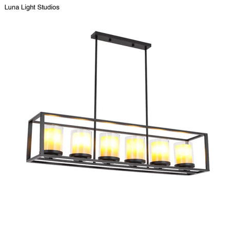Vintage Glass Cylinder Pendant Light With Black Frame - Island Dining Room Lighting (3/5/6 Lights)
