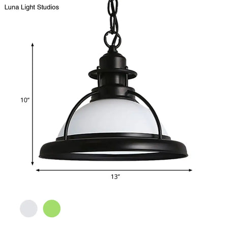 Vintage Glass Dome Pendant Ceiling Light - Black One With White/Green Finish For Dining Room