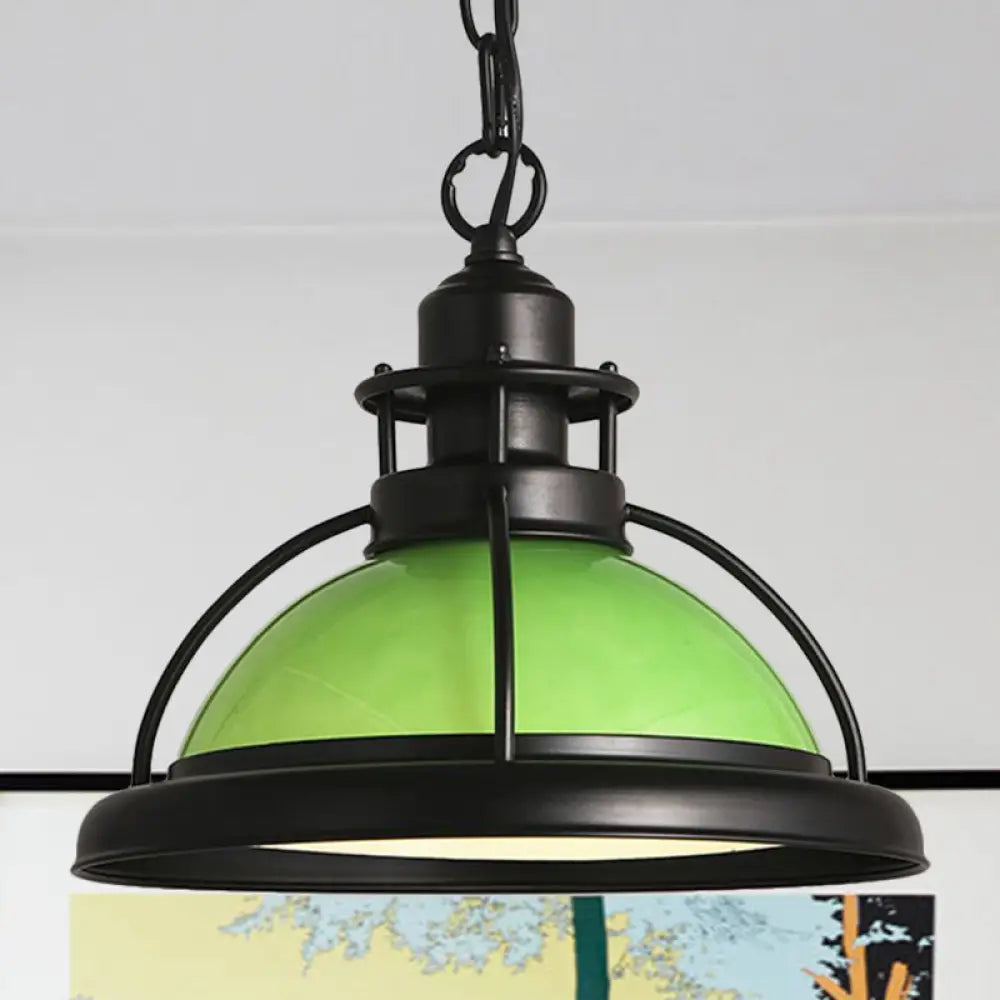 Vintage Glass Dome Pendant Ceiling Light - Black One With White/Green Finish For Dining Room Green
