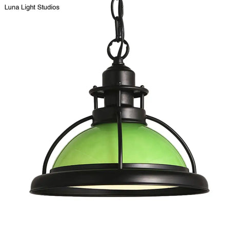 Vintage Glass Dome Pendant Ceiling Light - Black One With White/Green Finish For Dining Room