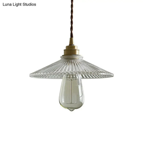 Vintage Glass Hanging Lamp: Cone-Shaped Clear Ribbed Pendant For Dining Room Lighting & Single-Bulb