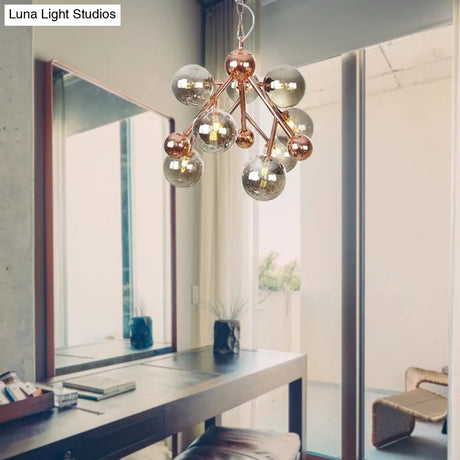 Vintage Glass Pendant Chandelier - 9 Globe Lights In Clear Amber & Smoke Gray For Indoor Lighting