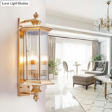 Vintage Glass Wall Lantern Sconce With Faceted Ribbed Panels - Clear/Tan 1 Bulb