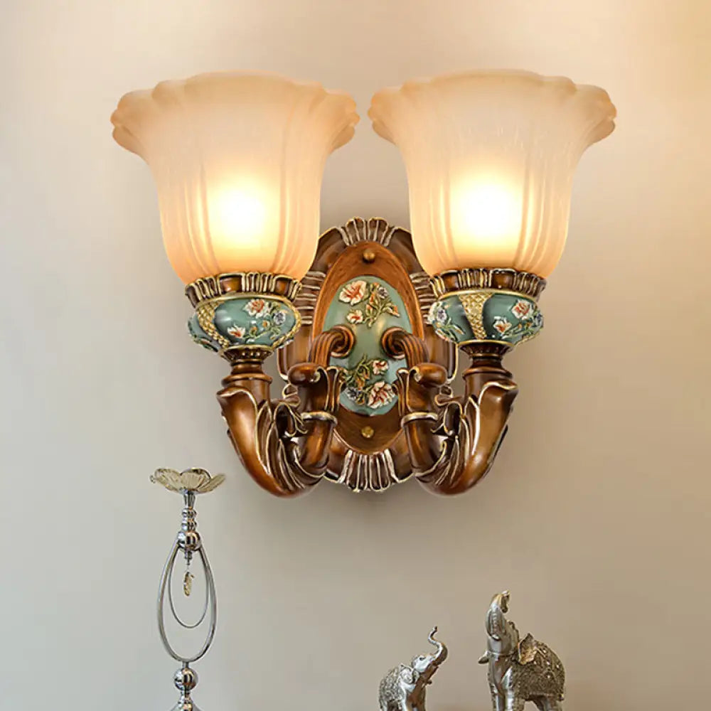 Vintage Glass Wall Light With Fluted Floral Design - 1/2-Head Bedside Mount In Brown 2 /