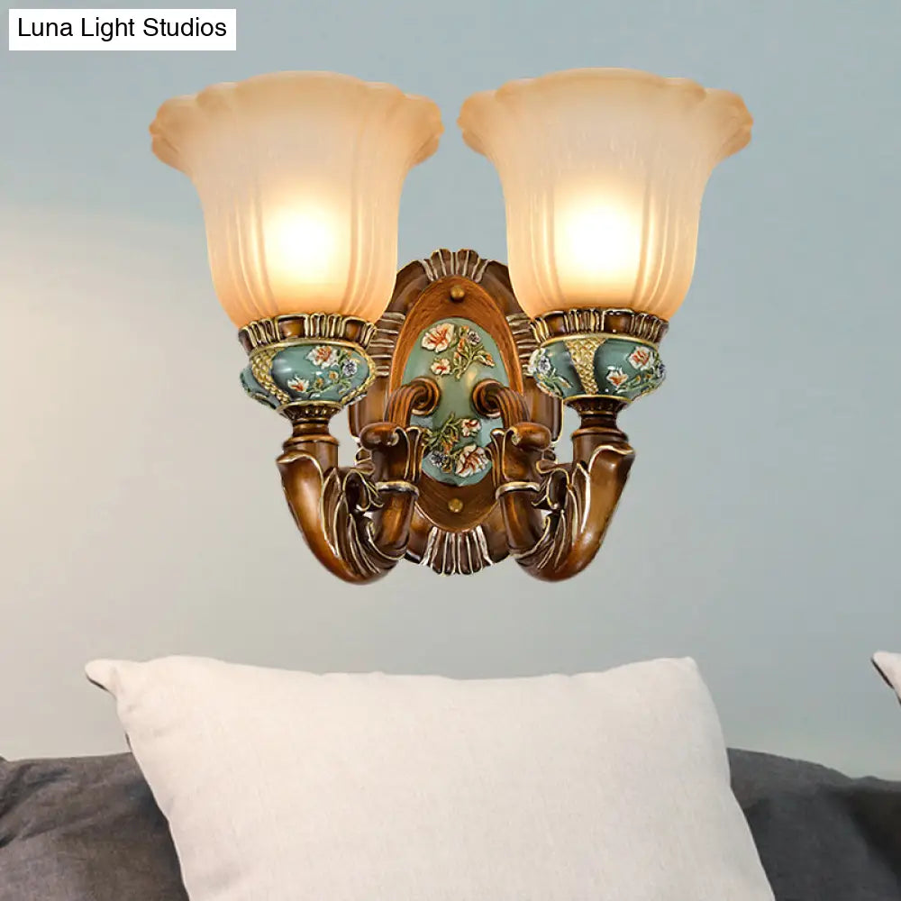 Vintage Glass Wall Light With Fluted Floral Design - 1/2-Head Bedside Mount In Brown