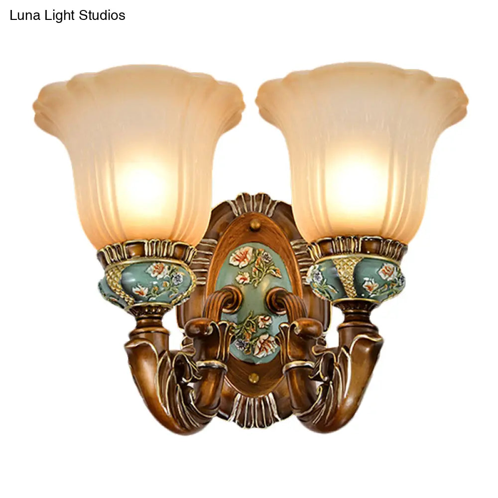 Vintage Glass Wall Light With Fluted Floral Design - 1/2-Head Bedside Mount In Brown