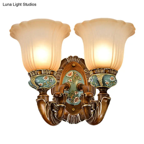 Vintage Glass Wall Light With Fluted Floral Design - 1/2-Head Bedside Mount In Brown