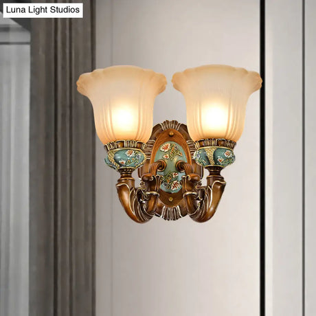 Vintage Glass Wall Light With Fluted Floral Design - 1/2-Head Bedside Mount In Brown