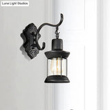 Vintage Glass Wall Mounted Lantern: Single Bulb Outdoor Sconce Light In Black With Carved Pattern