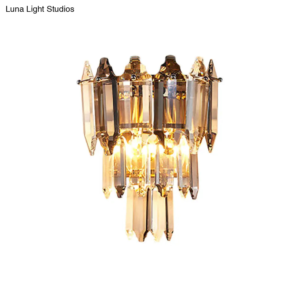 Vintage Gold 2-Light K9 Crystal Wall Sconce With 3-Tier Prism Design