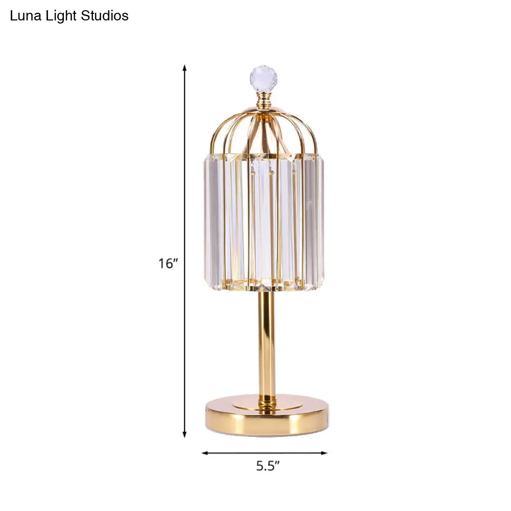 Vintage Gold Cage Top Led Night Lamp With Crystal Prism For Bedroom