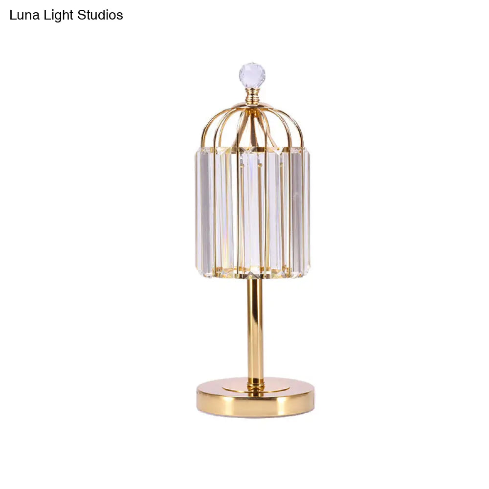 Vintage Gold Cage Top Led Night Lamp With Crystal Prism For Bedroom