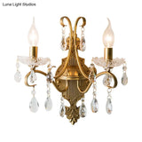 Vintage Gold Candle Wall Sconce With Crystal Draping - Elegant 1/2 Light Metal Fixture For Living