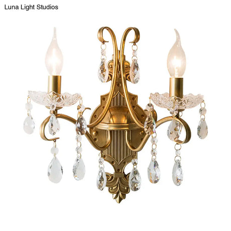 Vintage Gold Candle Wall Sconce With Crystal Draping - Elegant 1/2 Light Metal Fixture For Living