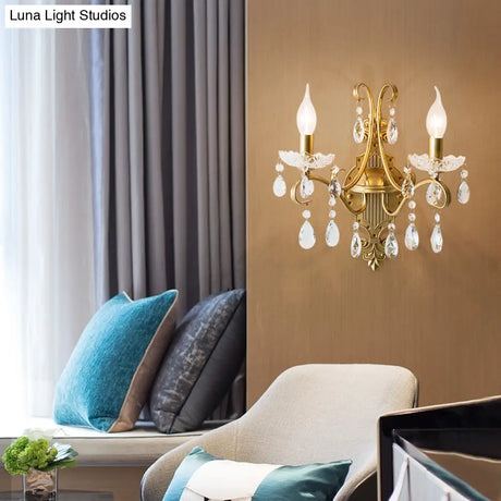 Vintage Gold Candle Wall Sconce With Crystal Draping - Elegant 1/2 Light Metal Fixture For Living