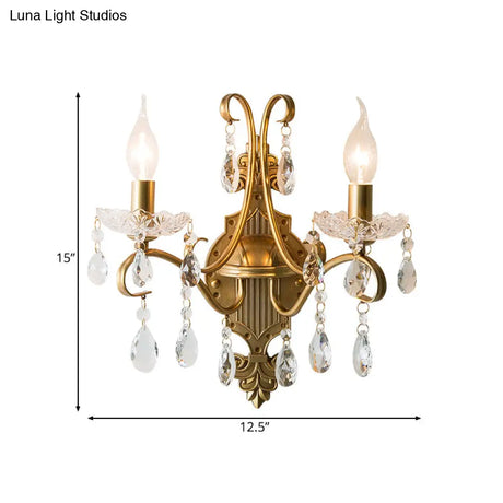 Vintage Gold Candle Wall Sconce With Crystal Draping - Elegant 1/2 Light Metal Fixture For Living