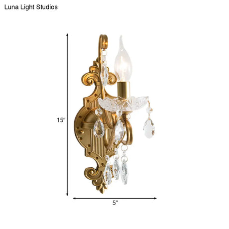 Vintage Gold Candle Wall Sconce With Crystal Draping - Elegant 1/2 Light Metal Fixture For Living