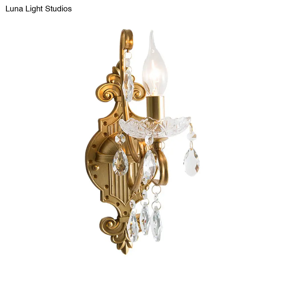Vintage Gold Candle Wall Sconce With Crystal Draping - Elegant 1/2 Light Metal Fixture For Living