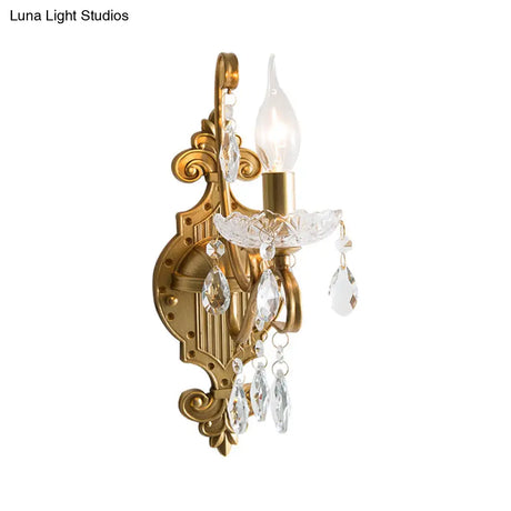Vintage Gold Candle Wall Sconce With Crystal Draping - Elegant 1/2 Light Metal Fixture For Living