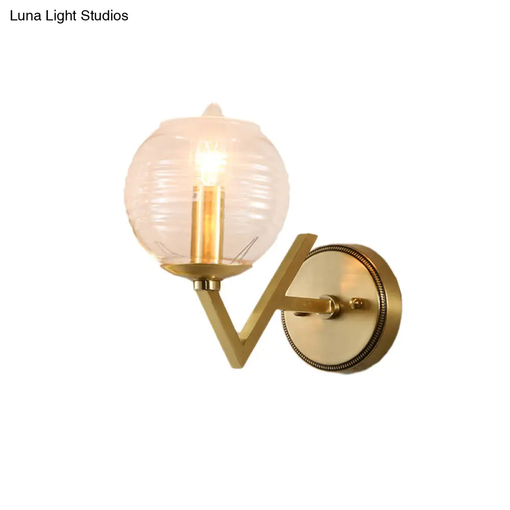 Vintage Gold Colonial Glass Sconce With Ribbed Texture And V-Shaped Metal Arm