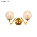 Vintage Gold Colonial Glass Sconce With Ribbed Texture And V-Shaped Metal Arm
