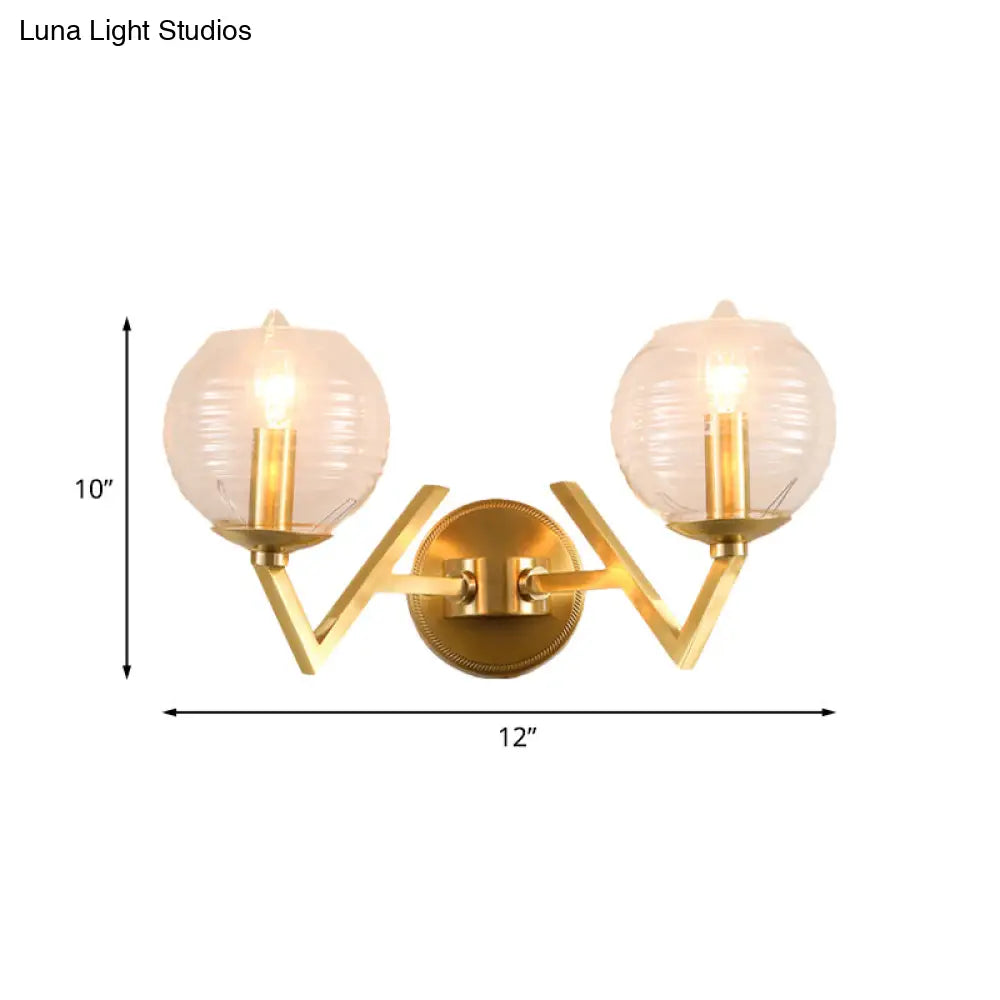 Vintage Gold Colonial Glass Sconce With Ribbed Texture And V-Shaped Metal Arm