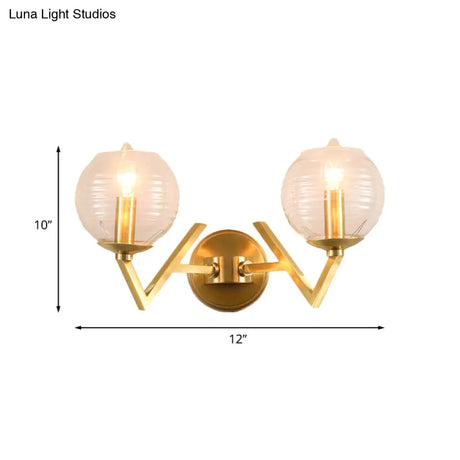 Vintage Gold Colonial Glass Sconce With Ribbed Texture And V-Shaped Metal Arm