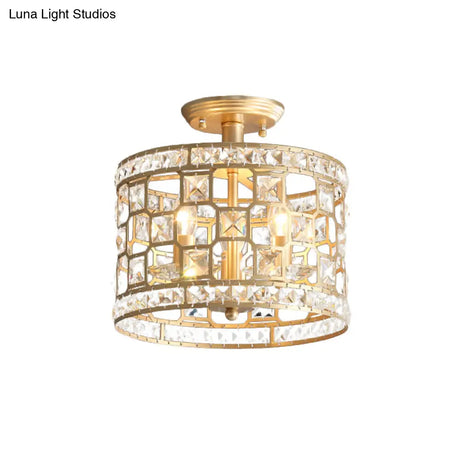 Vintage Gold Crystal Semi Flush Ceiling Light - Hollowed Drum Design 3/4 Heads Embedded Fixtures